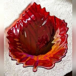Vintage Murano Art Glass Red Iridescent Autumn Leaf Bowl